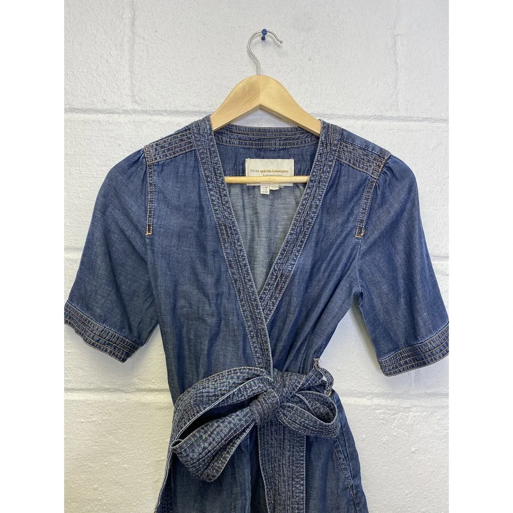 Anthropologie Pilcro Belted Denim Romper Sz 0 Shorts Wrap Tie Waist Blue‎